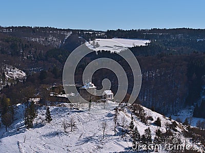 Historic castle ruin Niedergundelfingen located on the top of a hill in GroÃŸe Lauter valley in Gundelfingen, MÃ¼nsingen. Stock Photo